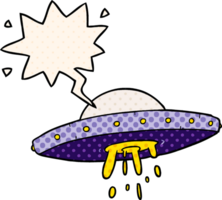 tekenfilm vliegend ufo met toespraak bubbel in grappig boek stijl png