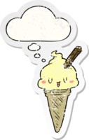 cute cartoon ice cream with thought bubble as a distressed worn sticker png