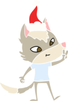 friendly hand drawn flat color illustration of a wolf giving peace sign wearing santa hat png