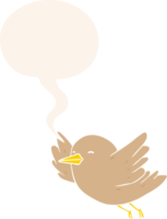 tekenfilm vogel vliegend met toespraak bubbel in retro stijl png