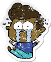 distressed sticker of a cartoon crying man sat on floor png