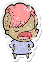 distressed sticker of a cartoon cool hipster girl talking png