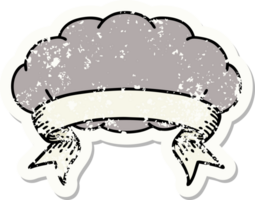 worn old sticker with banner of a grey cloud png