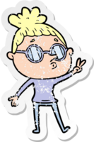 distressed sticker of a cartoon woman wearing glasses png