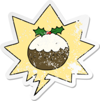 cartoon christmas pudding with speech bubble distressed distressed old sticker png