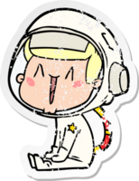 distressed sticker of a happy cartoon astronaut sitting png