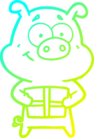 cold gradient line drawing of a happy cartoon pig holding christmas present png