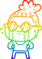 rainbow gradient line drawing of a cartoon crying woman wearing sunglasses png