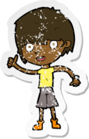 retro distressed sticker of a cartoon boy with positive attitude png