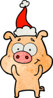 happy hand drawn textured cartoon of a pig wearing santa hat png