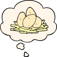 cartoon eggs in nest with thought bubble in comic book style png