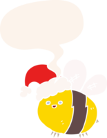 cute cartoon bee wearing christmas hat with speech bubble in retro style png