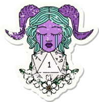 grunge sticker van een huilen tiefling met natuurlijk een d20 Dobbelsteen rollen png