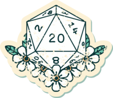 grunge sticker of a natural 20 D20 dice roll with floral elements png