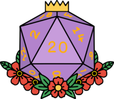 Retro Tattoo Style natural 20 D20 dice roll with floral elements png