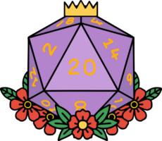 retro tatuering stil naturlig 20 d20 tärningar rulla med blommig element png