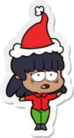 hand drawn sticker cartoon of a tired woman wearing santa hat png