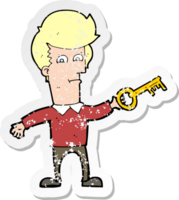 retro distressed sticker of a cartoon man with key png