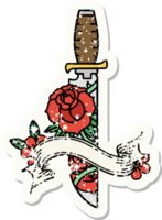 worn old sticker with banner of a dagger and flowers png