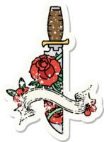 versleten oud sticker met banier van een dolk en bloemen png