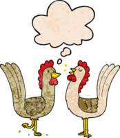 cartoon chickens with thought bubble in grunge texture style png