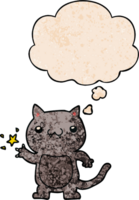 cartoon cat scratching with thought bubble in grunge texture style png