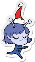 smiling alien girl hand drawn sticker cartoon of a running wearing santa hat png