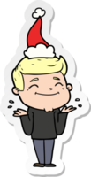 happy hand drawn sticker cartoon of a man shrugging wearing santa hat png