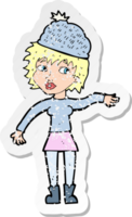 retro distressed sticker of a cartoon woman wearing hat png