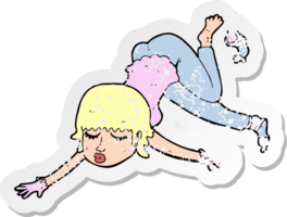 retro distressed sticker of a cartoon woman floating png