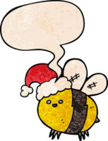 cute cartoon bee wearing christmas hat with speech bubble in retro texture style png
