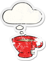 cartoon cup of tea with thought bubble as a distressed worn sticker png