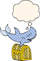 cartoon shark swimming over treasure chest with thought bubble in comic book style png