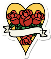 adesivo de tatuagem em estilo tradicional de um coração e banner com flores png