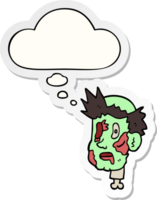 cartoon zombie head with thought bubble as a printed sticker png