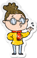 distressed sticker of a cartoon woman wearing glasses png