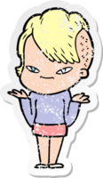 distressed sticker of a cute cartoon girl with hipster haircut png