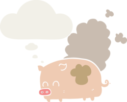 cartoon smelly pig with thought bubble in retro style png