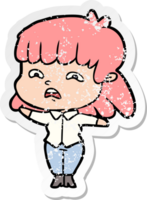 distressed sticker of a cartoon worried woman png