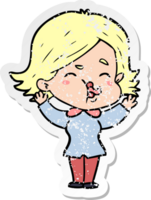 distressed sticker of a cartoon girl pulling face png