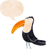 cartoon toucan with speech bubble in grunge distressed retro textured style png