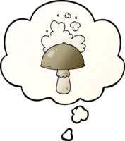 cartoon mushroom with spore cloud with thought bubble in smooth gradient style png
