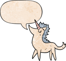 cartoon unicorn with speech bubble in retro texture style png