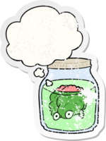 cartoon spooky brain in jar with thought bubble as a distressed worn sticker png