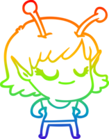 rainbow gradient line drawing of a smiling alien girl cartoon png