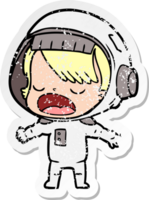 verontruste sticker van een cartoon pratende astronaut png