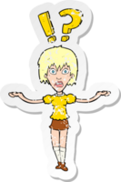 retro distressed sticker of a cartoon woman asking question png