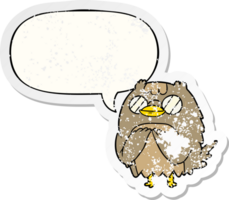 cute cartoon wise old owl with speech bubble distressed distressed old sticker png