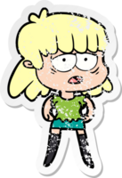 distressed sticker of a cartoon tired woman png