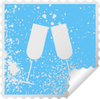 distressed square peeling sticker symbol of a clinking champagne flutes png